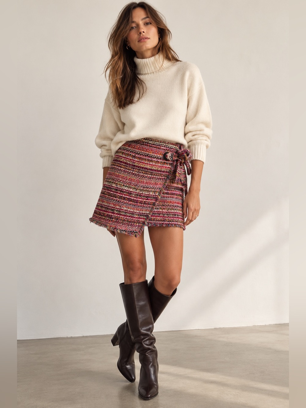 Halogen Multicolor Tweed Bouclé Asymmetrical Wrap Mini Skirt Size 6